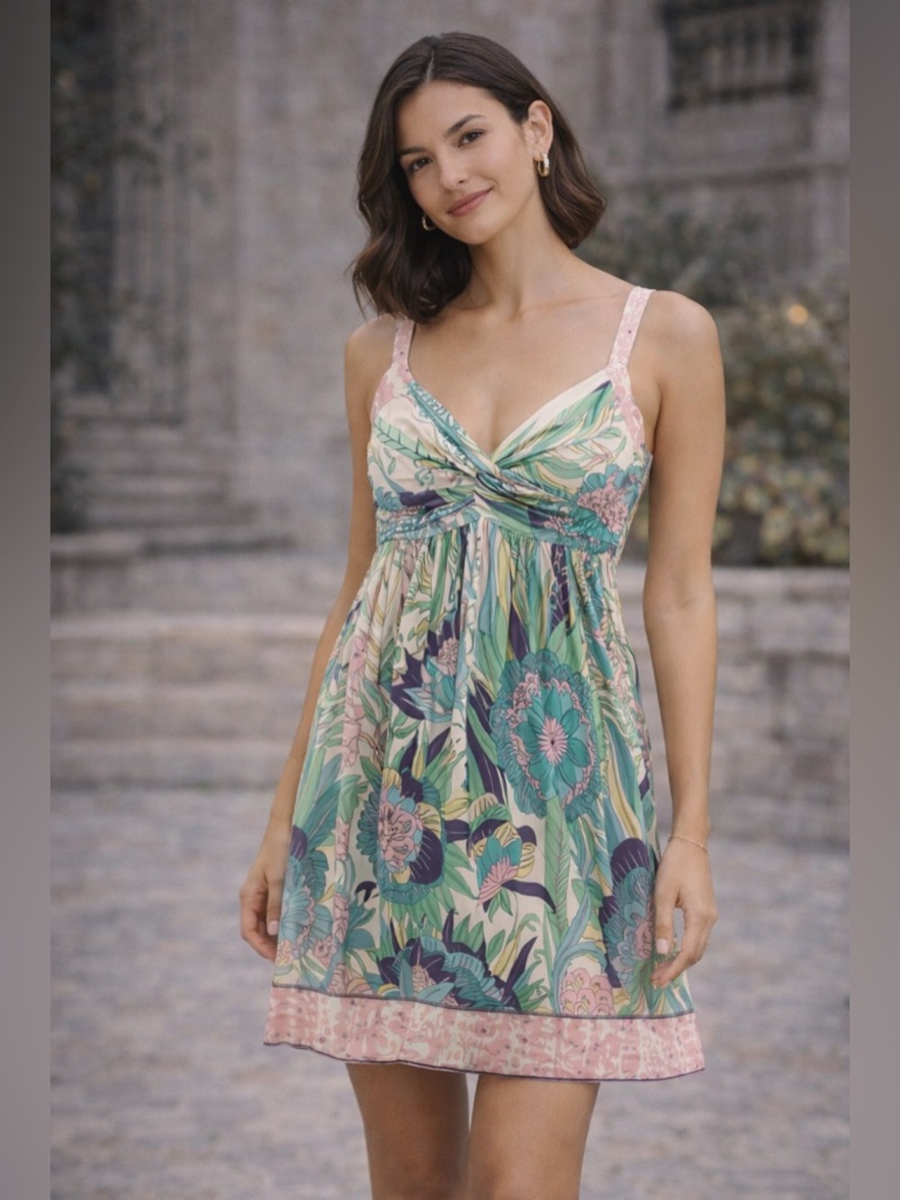 Elie Tahari Silk Floral Empire Waist Dress Size 4 Pastel Print